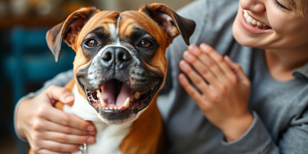 Boxer-Hund spielt mit Mensch, zeigt enge Bindung.