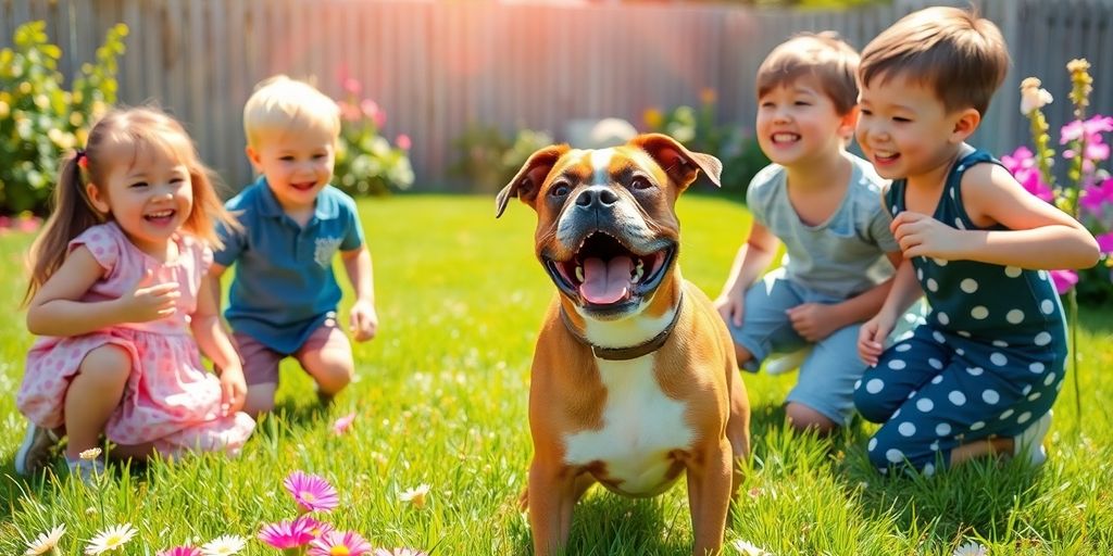 Boxer-Hund spielt mit Kindern im Garten.